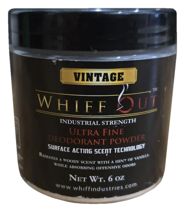 Whiff Out® Vintage 6 oz jar of ultra fine deodorant powder with a black and gold label